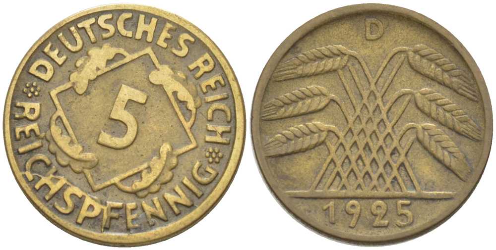 ГЕРМАНИЯ 5 РЕЙХСПФЕННИГОВ 1925 D KM 39, J. 316, Weege 7 алюминиевая бронза 206-812