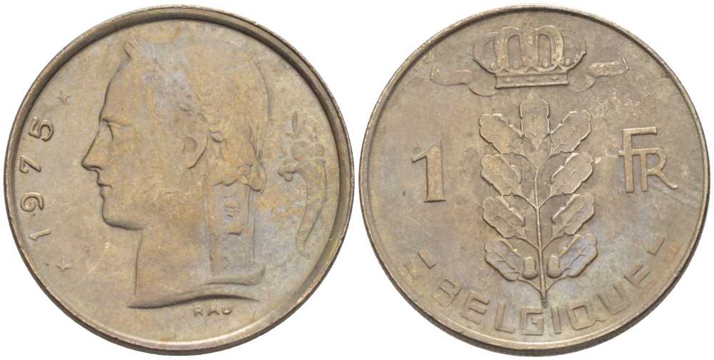 БЕЛЬГИЯ 1 ФРАНК 1975 BELGIQUE, БОДУЭН I (1951-1993) KM 142.1 медно-никель 202-1056