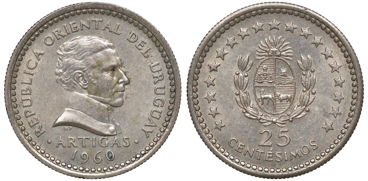 Уругвай 25 сентесимо 1960 KM 40 медно-никель 4169-911