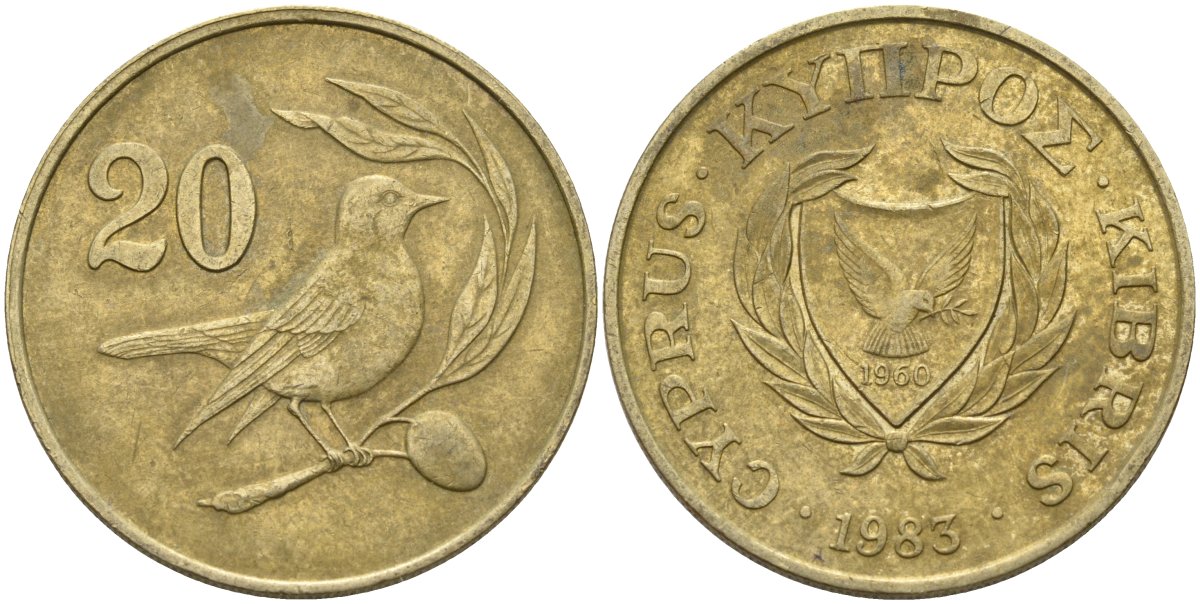 Кипр 20 центов 1983 птичка KM 57.1 никель латунь 4140-714