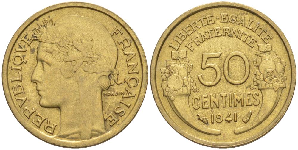 ФРАНЦИЯ 50 САНТИМОВ 1941 ТИП MORLON KM 894.1, LE FRANC 192.18 алюминиевая бронза 44-431