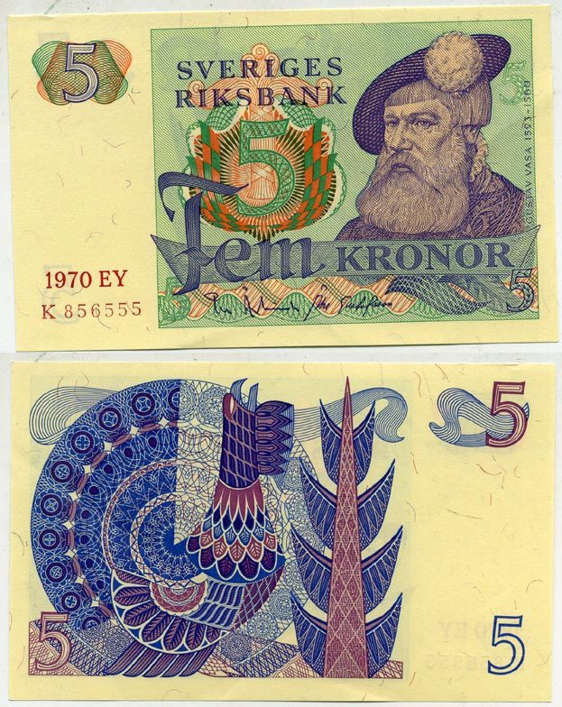 Швеция 5 крон 1970 EY, Густав I Ваза Pick 51b бумага aUNC 445-46-2