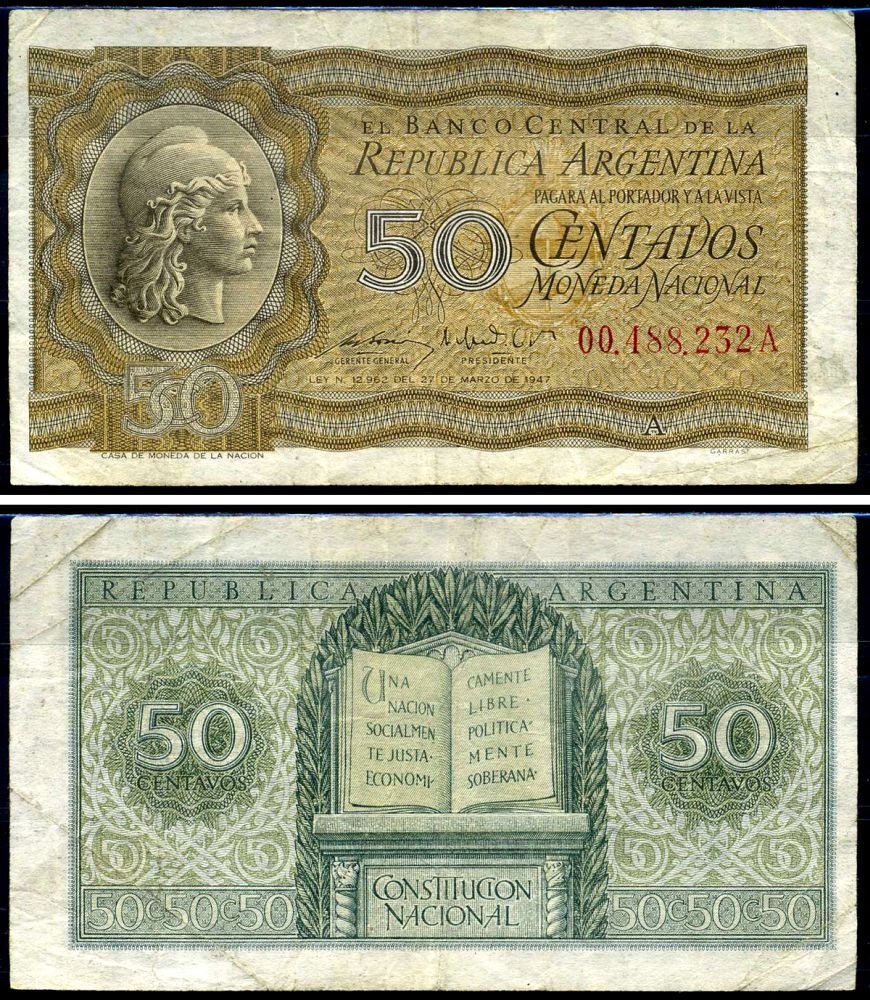 Аргентина 50 сентаво 1947 Свобода, конституция Аргентины Pick 259 a бумага 7198-3-1-2