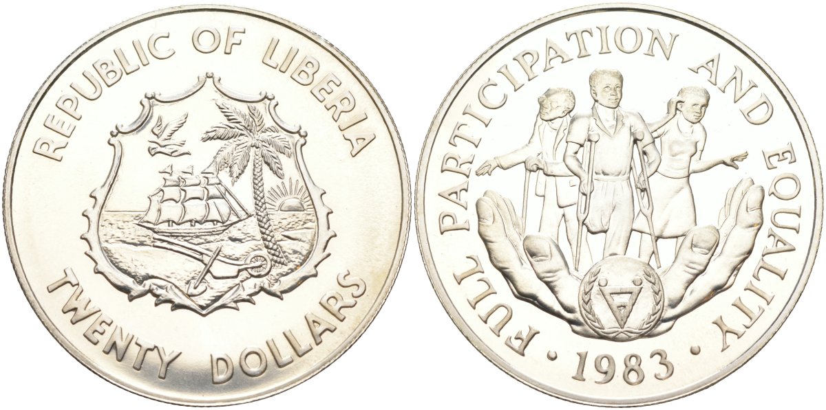 Либерия 20 долларов 1983 международный год инвалидов KM 48 серебро UNC 00-00