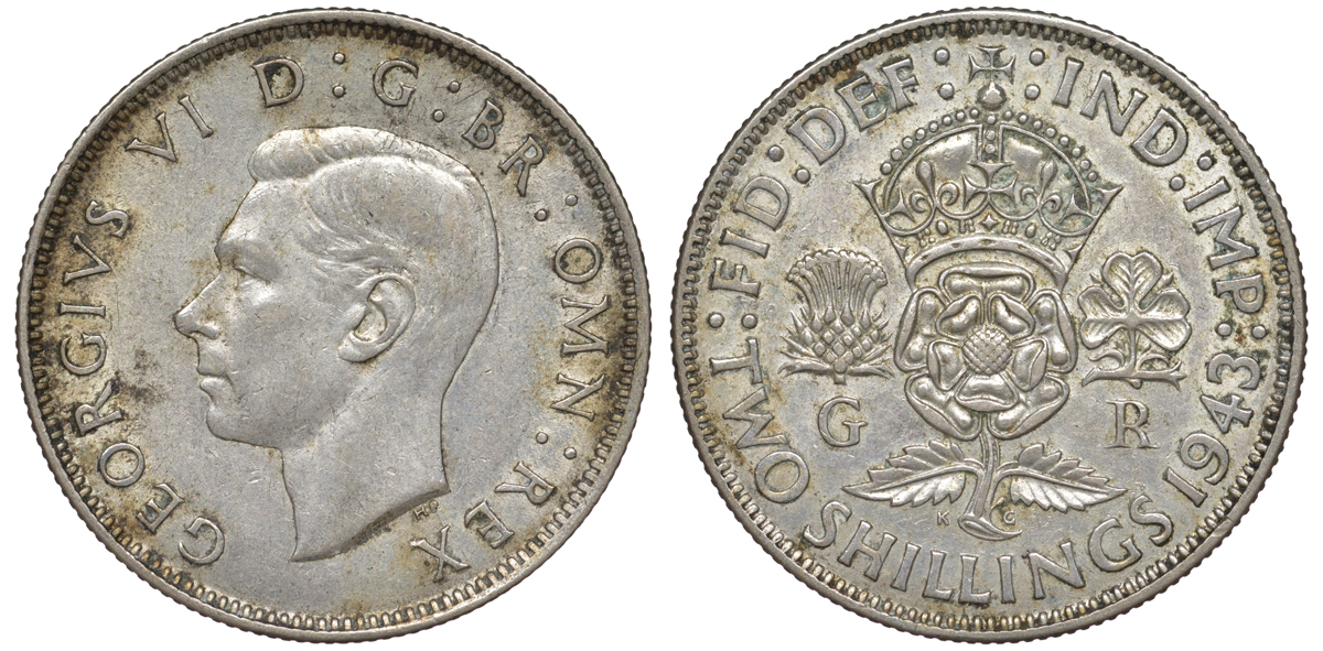 Великобритания 2 шиллинга (флорин) 1943 Георг VI (1936-1952) KM 855, Spink 4081 серебро 00-00