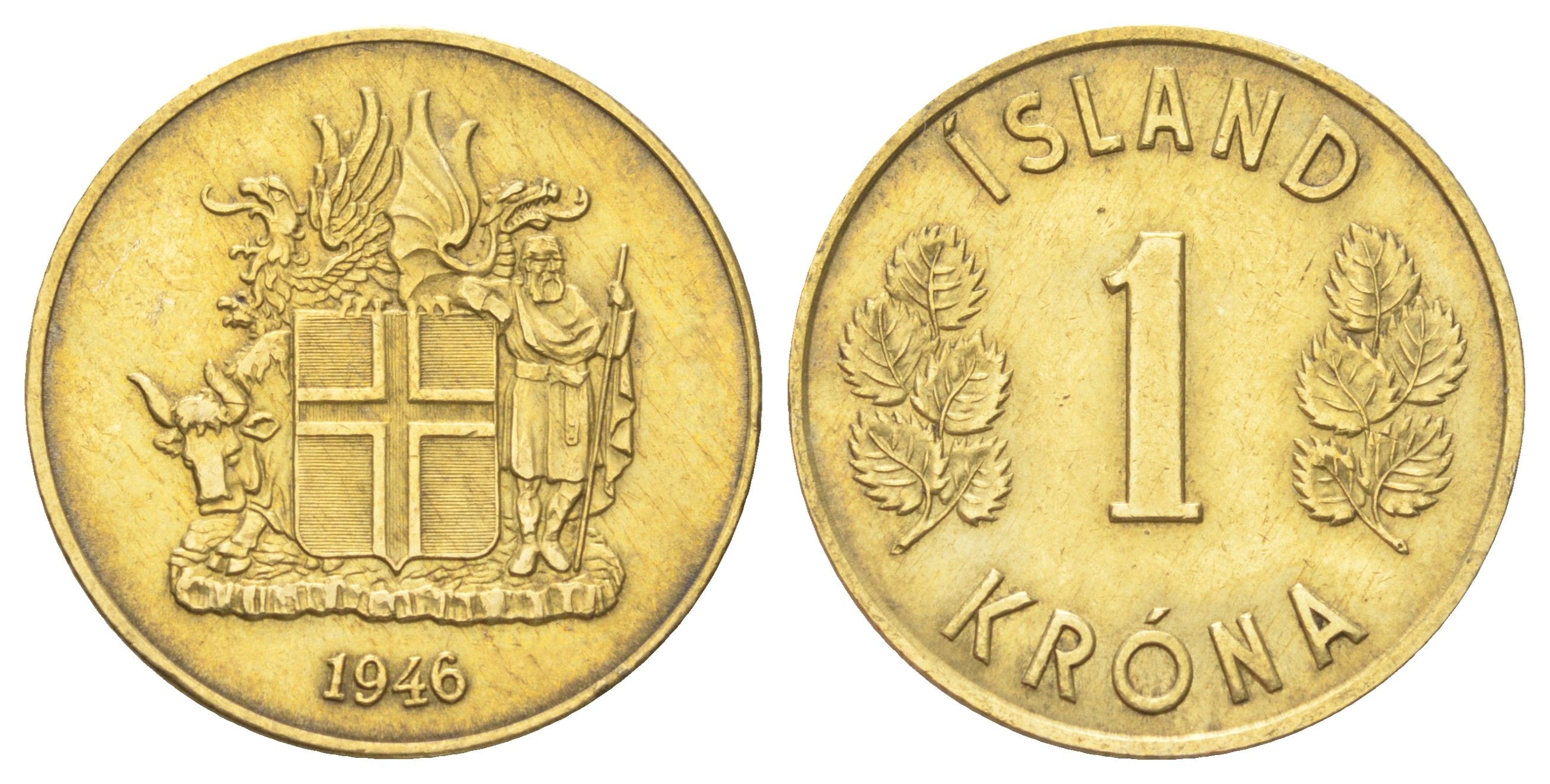 Исландия 1 крона 1946 год-тип KM 12 алюминиевая бронза 4666-853