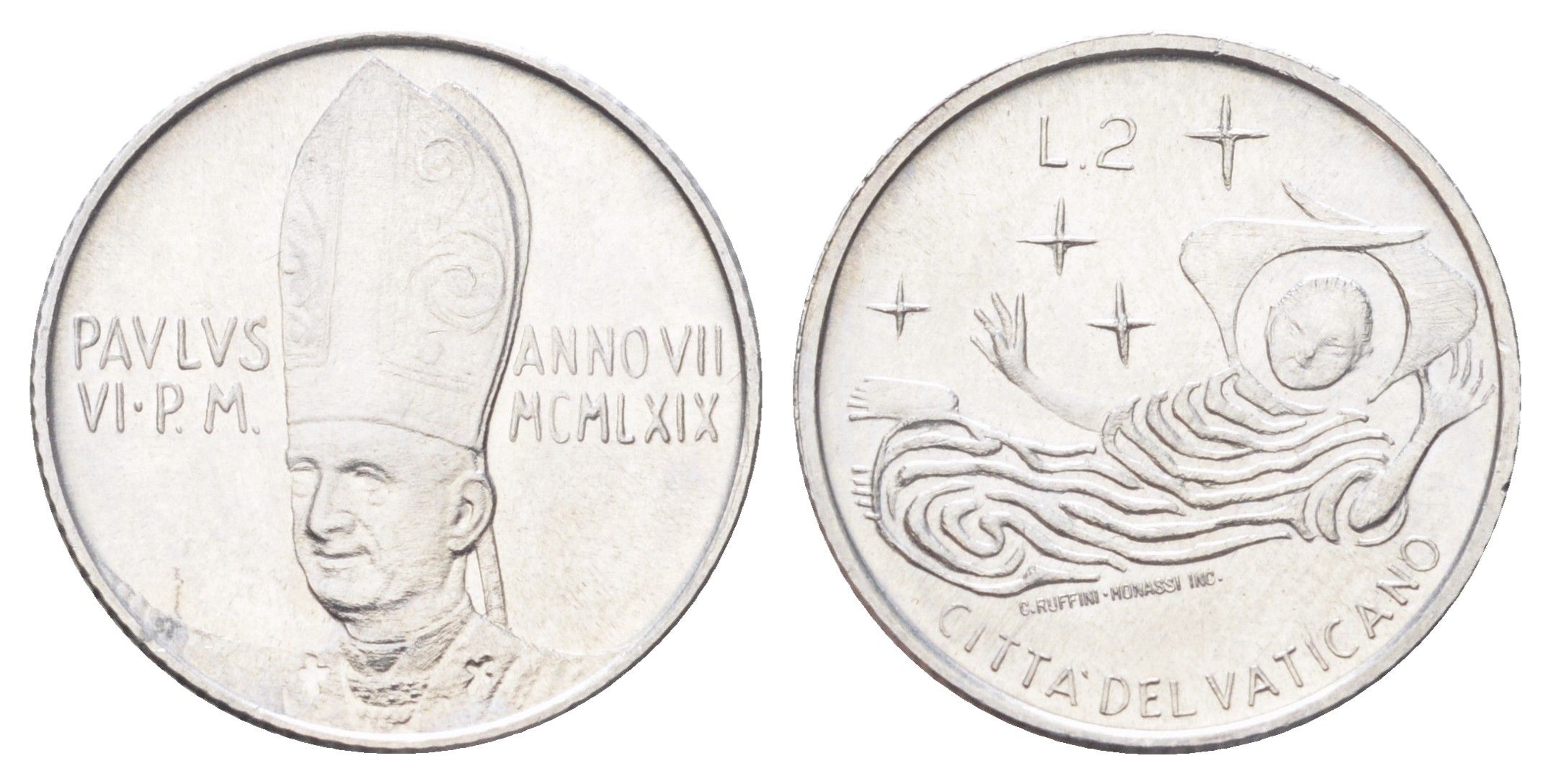 Ватикан 2 лиры 1969 MCMLXIX, год-тип KM 109 алюминий UNC 4701-513