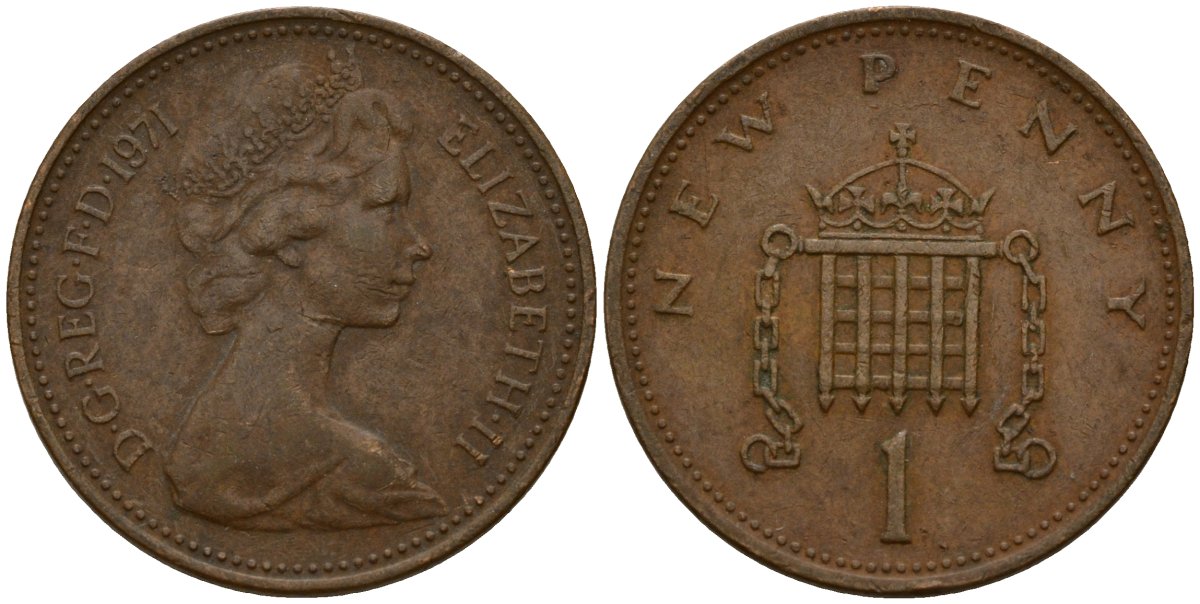 Великобритания 1 пенни 1971 Елизавета II (1952-2022) KM 915, Spink 4237 (B1) бронза 4154-964