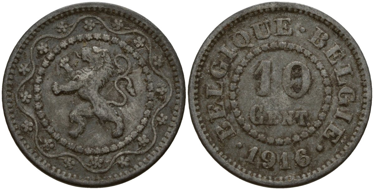 Бельгия 10 сантимов 1916 германская оккупация Первая мировая война, Альберт I (1910-1934) KM 81 цинк 4161-256