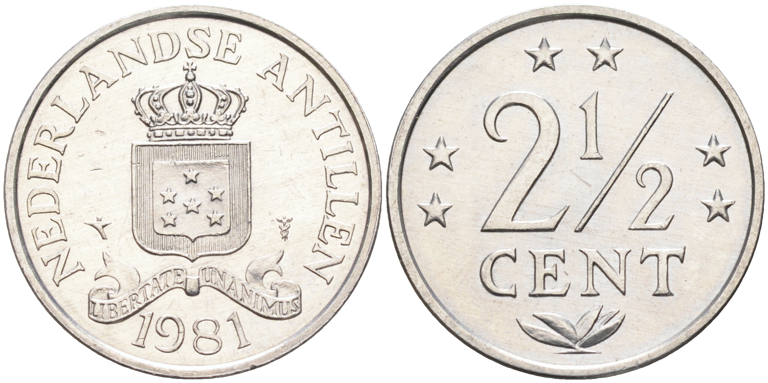 Нидерландские Антилы 2 1/2 цента 1981 Беатрикс (1980-2013) KM 9a алюминий 4177-352