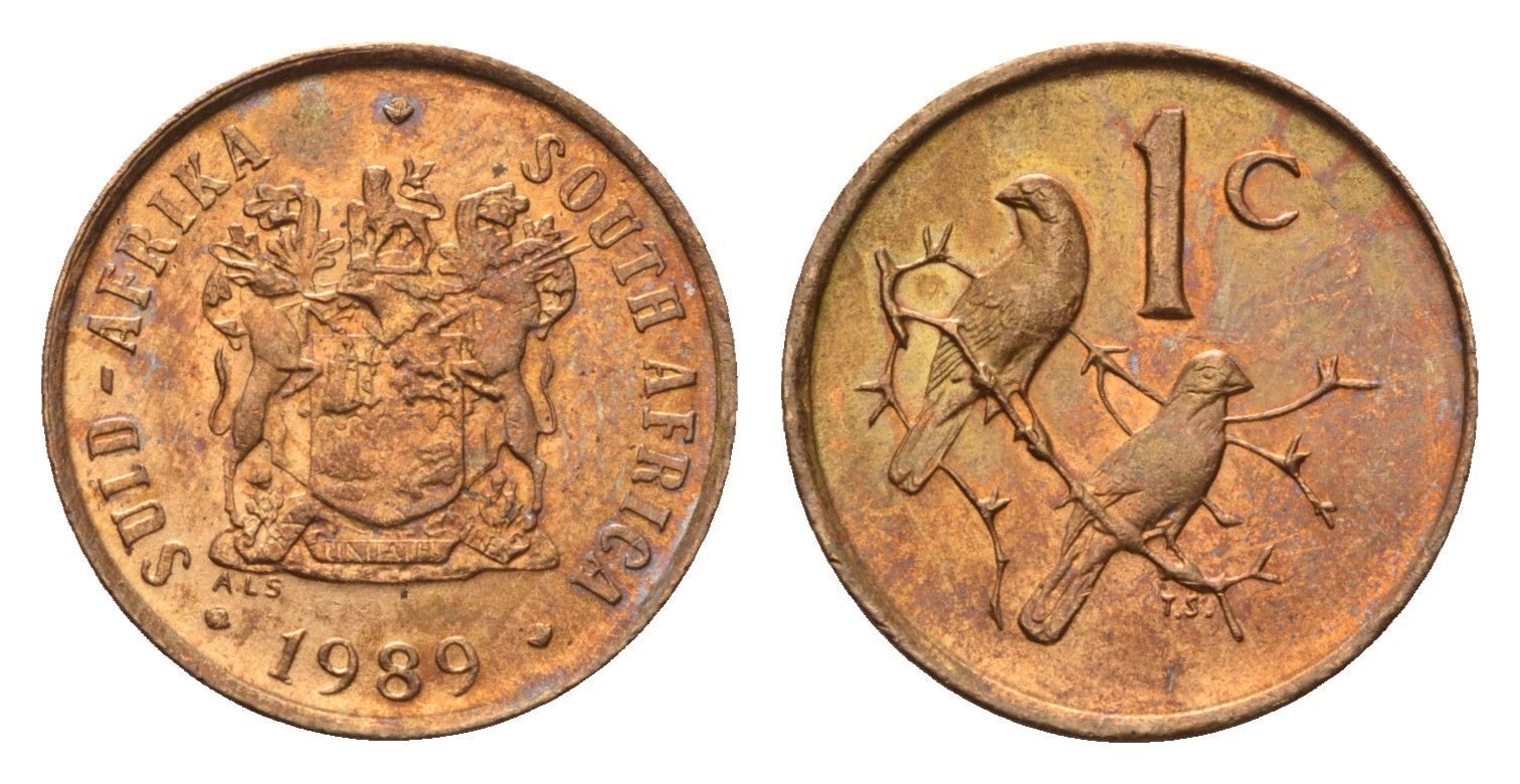 ЮАР 1 цент 1989 герб, капские воробьи KM 82 бронза UNC 4690-1249