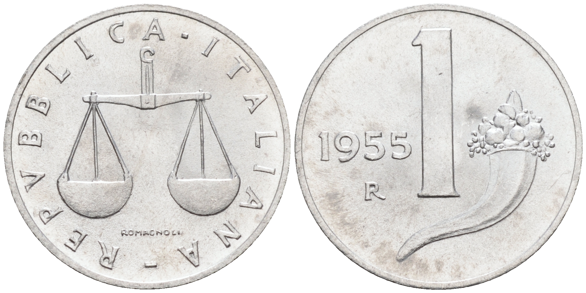 Италия 1 лира 1955 R, весы KM 91 алюминий  UNC  4594-735