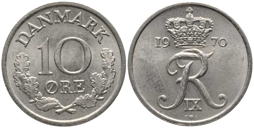 ДАНИЯ 10 ЭРЕ 1970 C; S, ФРЕДЕРИК IX (1947-1972) KM 841.3 медно-никель 116-226