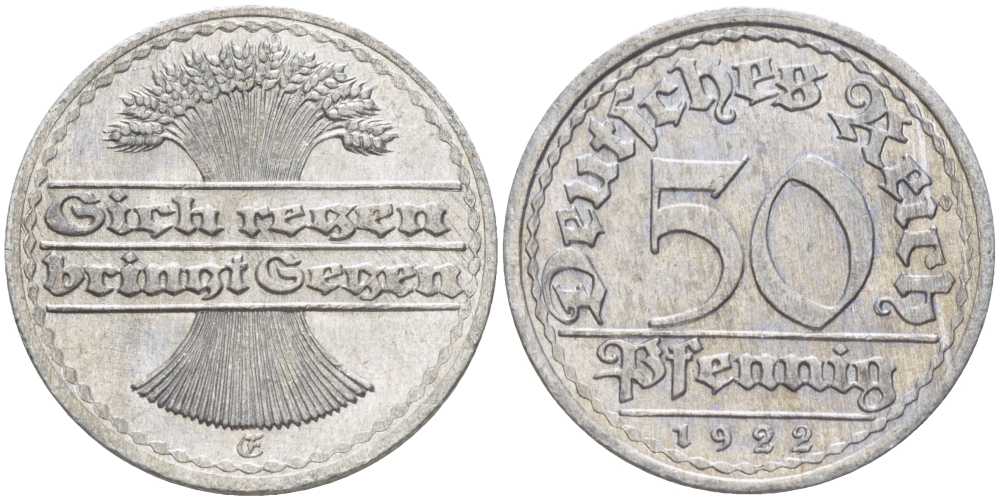 ГЕРМАНИЯ 50 ПФЕННИГОВ 1922 G KM 27, J. 301, Weege 10 алюминий 261-746