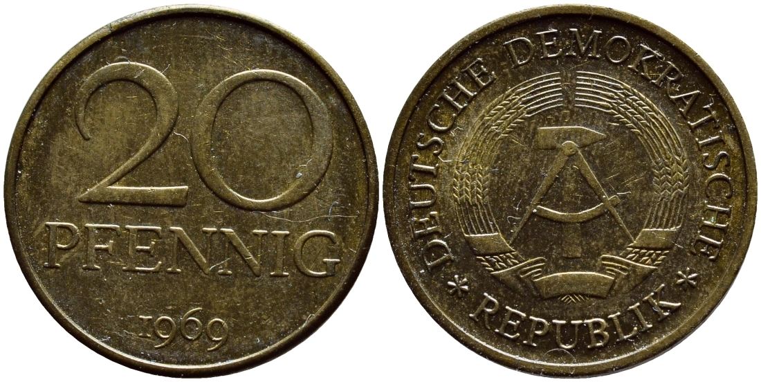 ГДР 20 пфеннигов 1969 А, первый год KM 11 латунь UNC 4397-231