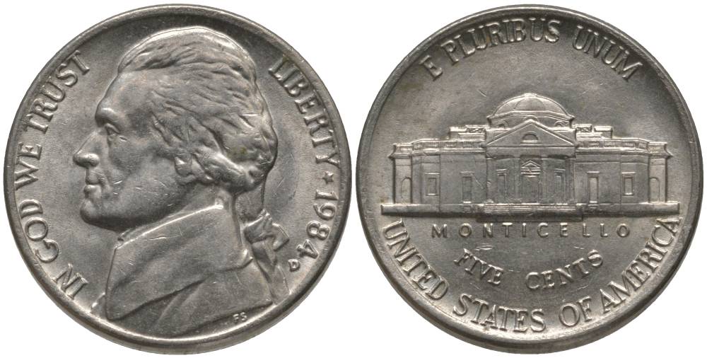 США 5 ЦЕНТОВ 1984 D, ДЖЕФФЕРСОН KM А192 медно-никель 181-117