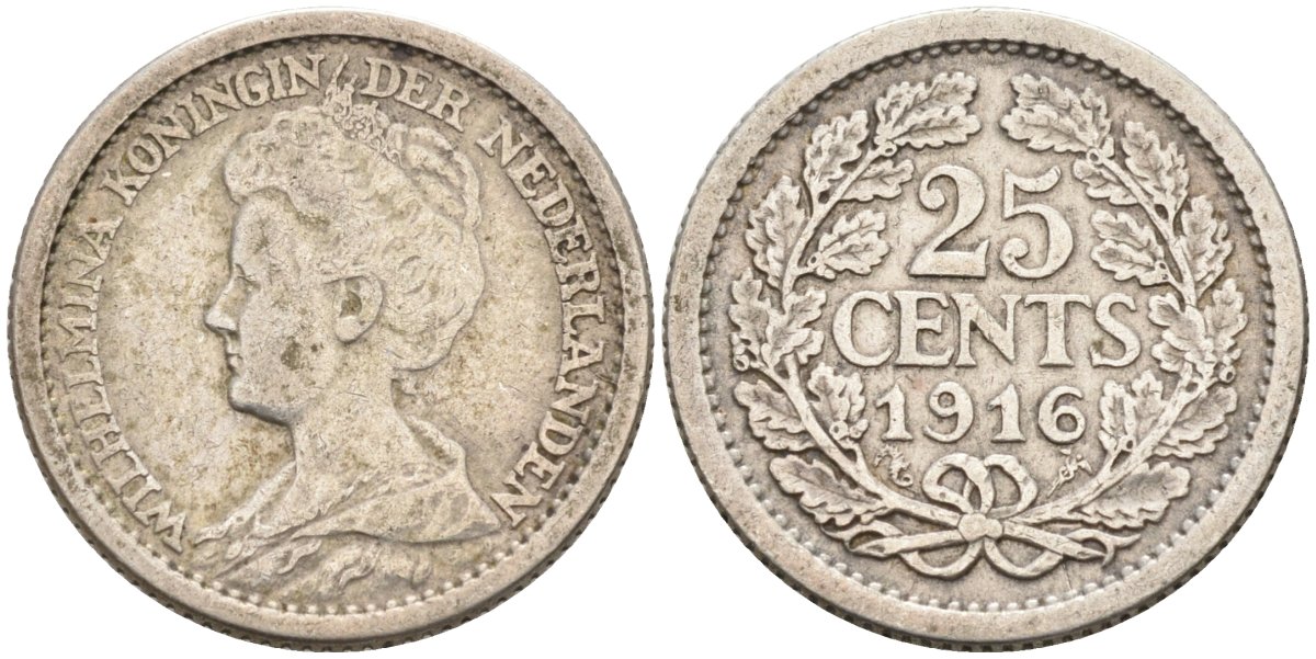 Нидерланды 25 центов 1916 Вильгельмина (1890-1948) KM 146 серебро 4576-756