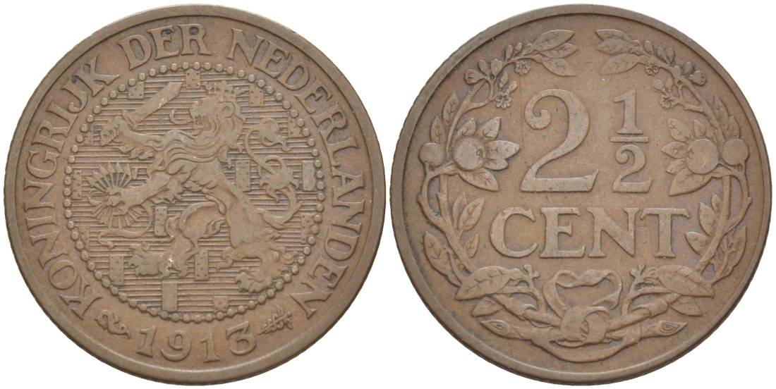 НИДЕРЛАНДЫ 2 1/2 ЦЕНТА 1913 ВИЛЬГЕЛЬМИНА I (1891-1948) KM 150 бронза 219-624
