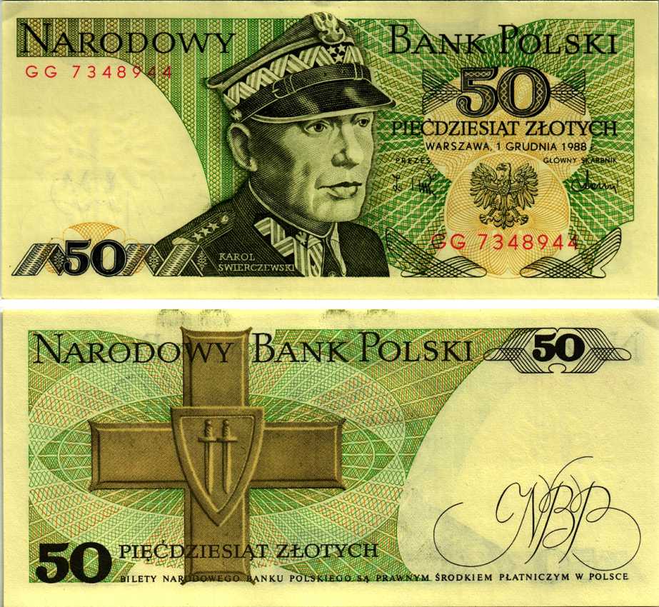 Польша 50 злотых 1988 Кароль Сверчевский, знак Грюнвальдского ордена Pick 142 c бумага аUNC 8607-73-2-1