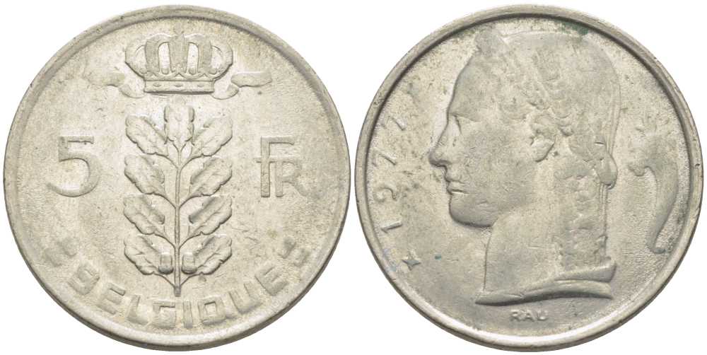 БЕЛЬГИЯ 5 ФРАНКОВ 1977 BELGIQUE, БОДУЭН I (1951-1993) KM 134.1 медно-никель 119-742