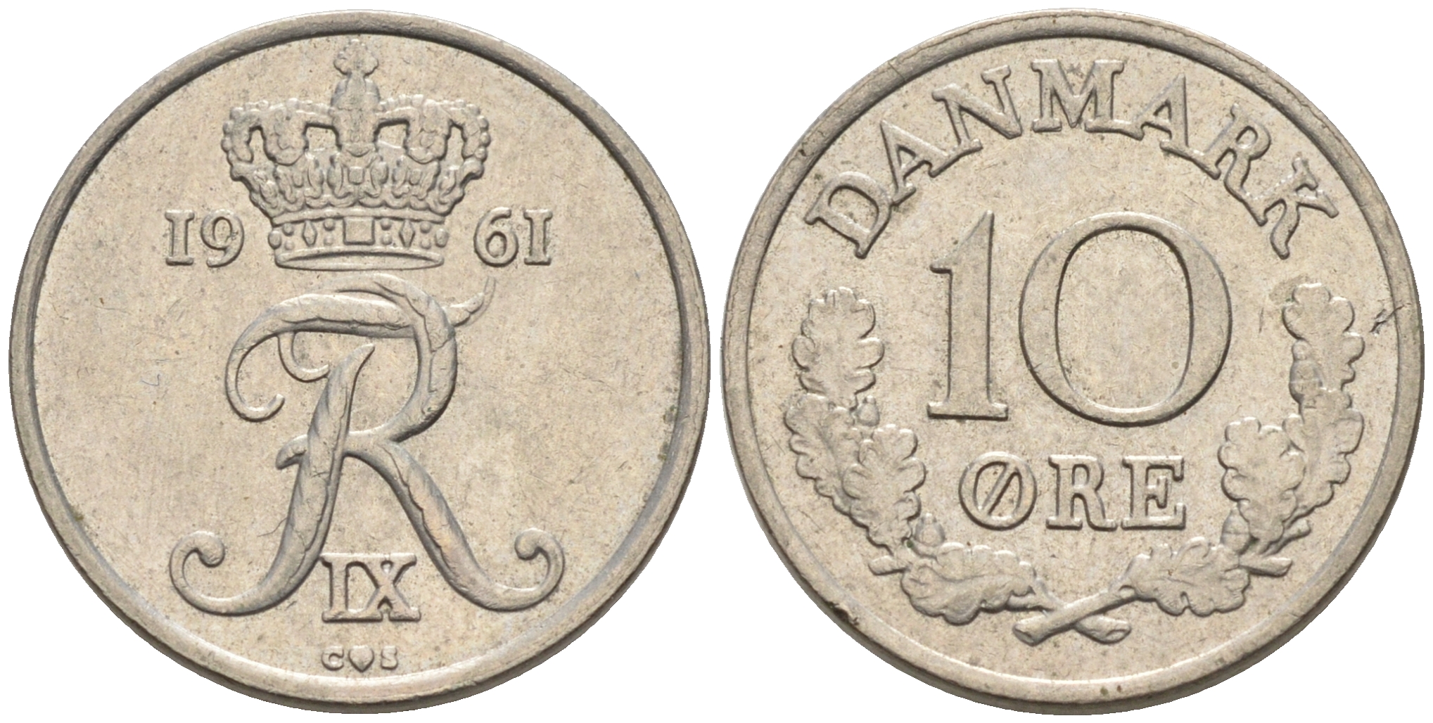 ДАНИЯ 10 ЭРЕ 1961 C; S, ФРЕДЕРИК IX (1947-1972) KM 849.1 медно-никель 4564-1219