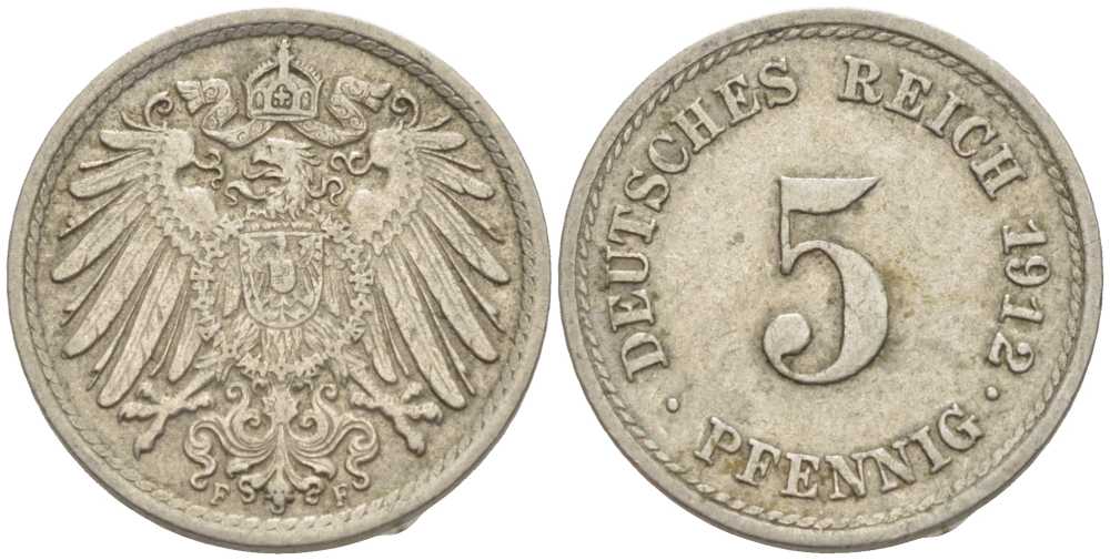 ГЕРМАНИЯ 5 ПФЕННИГОВ 1912 F KM 11, J. 12 медно-никель 105-161