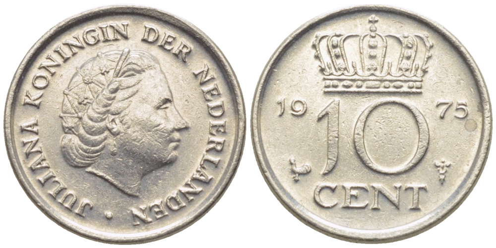 НИДЕРЛАНДЫ 10 ЦЕНТОВ 1975 ЮЛИАНА KM 182 никель 112-349