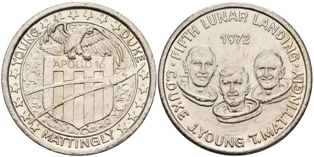 США жетон ND Аполлон 16, пятая высадка людей на Луну, C. Duke, J.Young, T.Mattingly, диаметр 26 мм.  белый металл    4572-736
