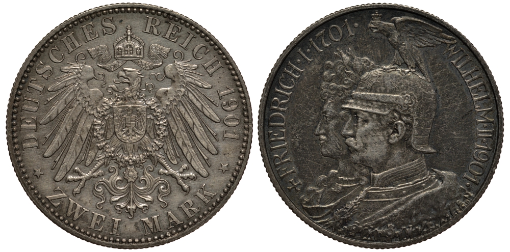 Пруссия 2 марки 1901 A, 200 лет Прусской королевской династии (Фридрих I - Вильгельм II) J.105, Weege 105, KM 525 серебро 3711-1141