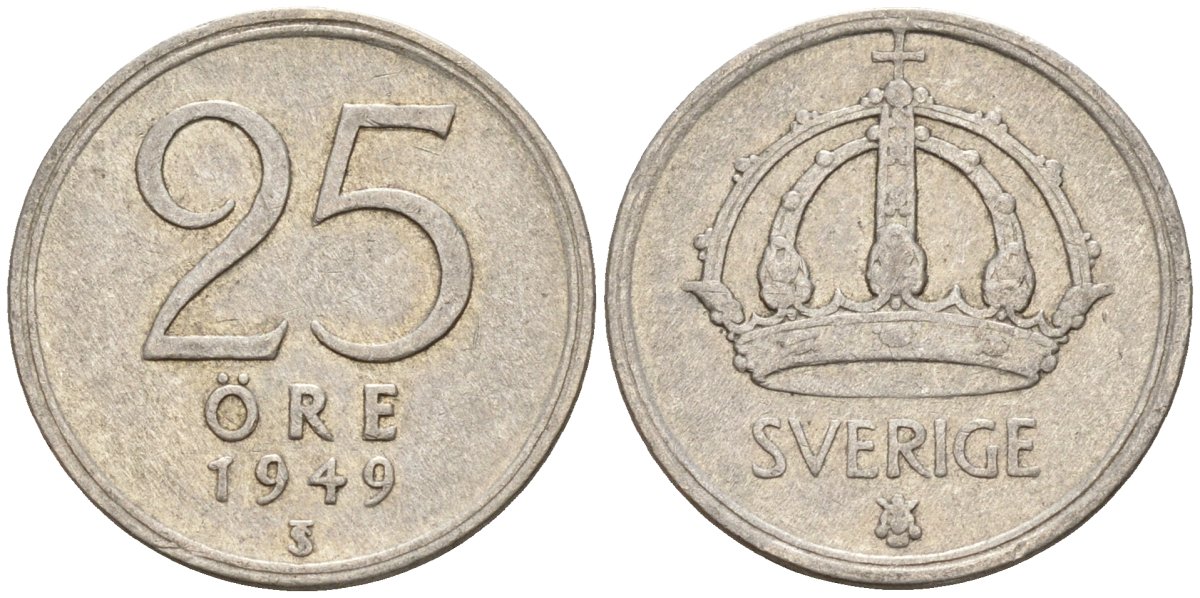 Швеция 25 эре 1949 TS, Густав V (1907-1950) KM 816 серебро 4147-1016