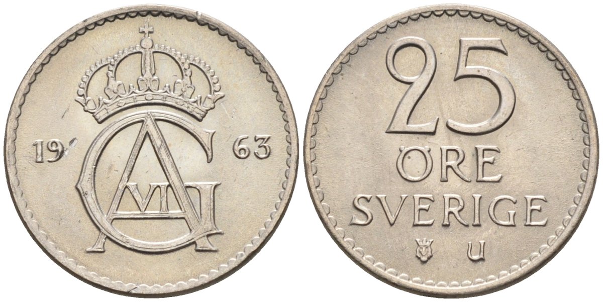 Швеция 25 эре 1963 Густав VI Адольф (1950-1973) KM 836 медно-никель UNC 4585-454