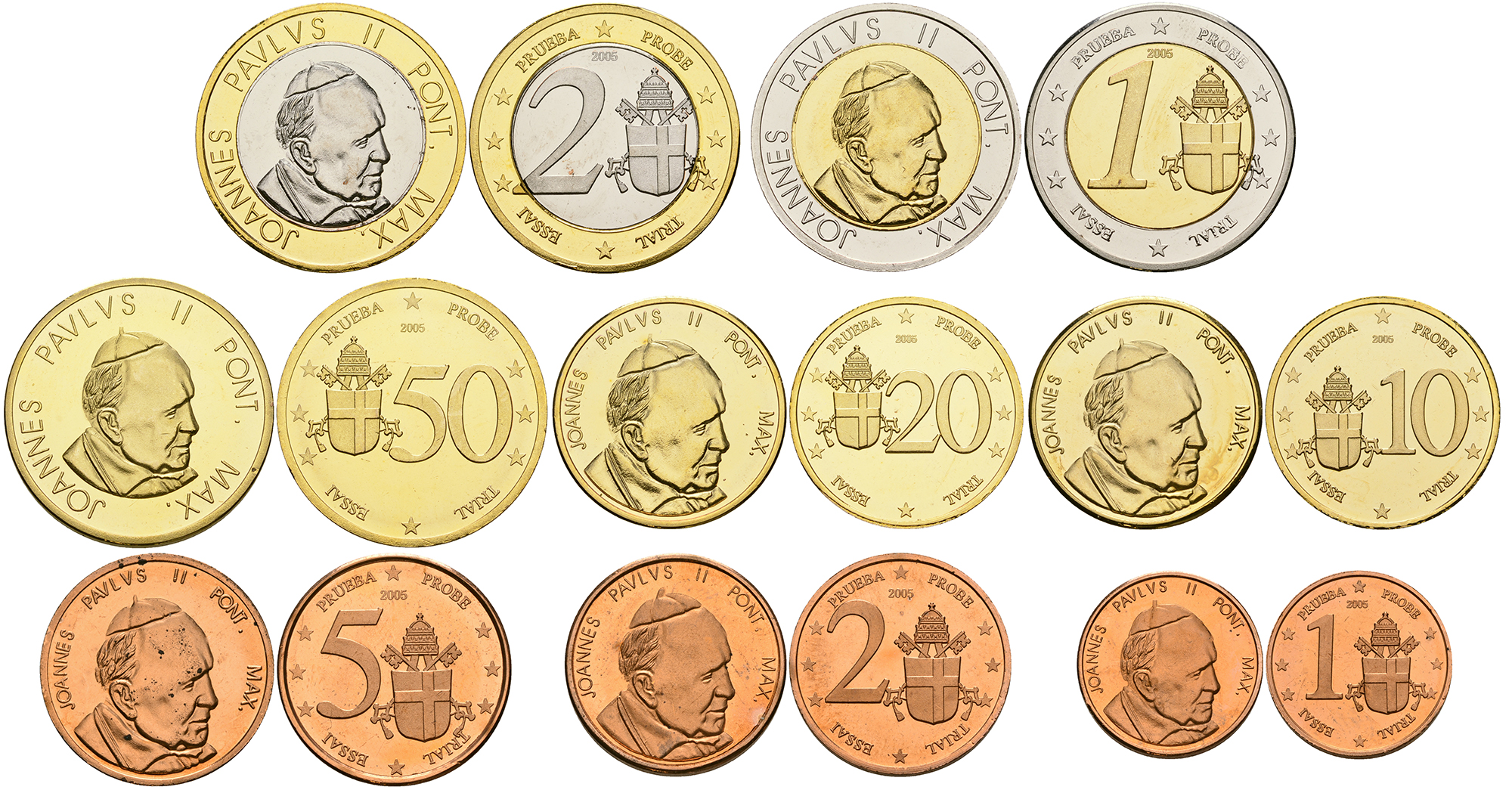 Ватикан евронабор из 8 монет 2005 папа Иоанн Павел II, европробники, проба PROOF 1-6-2-52