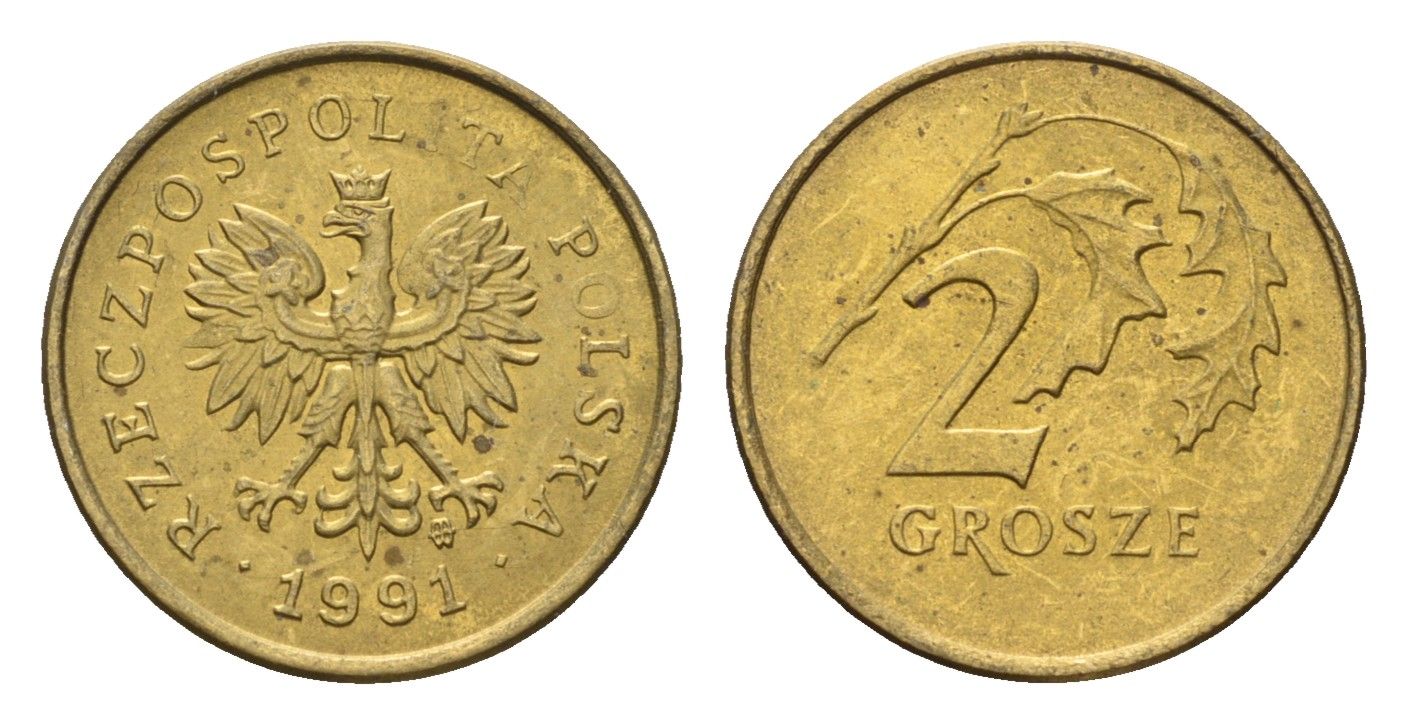 Польша 2 гроша 1991 Y 277 марганец латунь UNC 4674-937