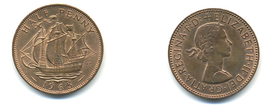 Великобритания 1/2 пенни 1965 Елизавета II (1952-2022) KM 896, Spink 4158 бронза 59-1323