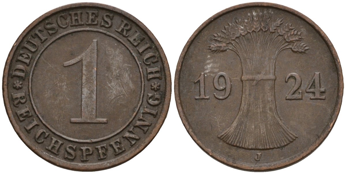 Германия 1 рейхспфенниг 1924 J KM 37, J. 313 бронза 4516-311