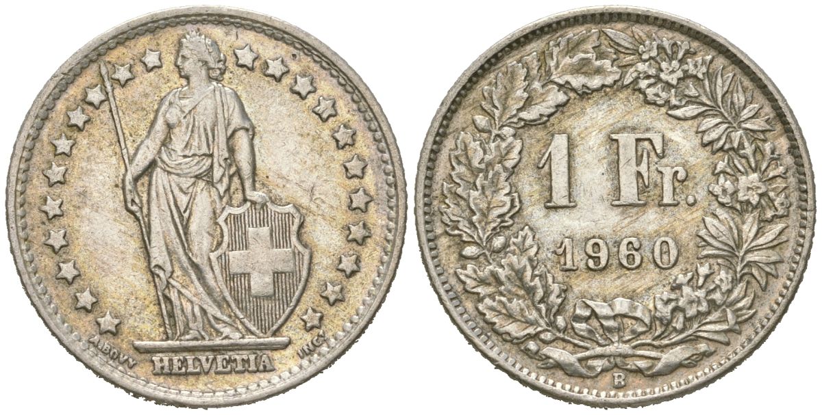 Швейцария 1 франк 1960 B KM 24 серебро 179-1047