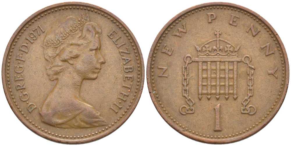 Великобритания 1 пенни 1971 Елизавета II (1952-2022) KM 915, Spink 4237 (B1) бронза 117-126