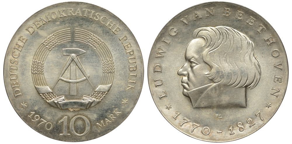 ГДР 10 марок 1970 A, 200 лет со дня смерти Людвига ван Бетховена KM 27.1, J. 1523 серебро UNC 1519-611
