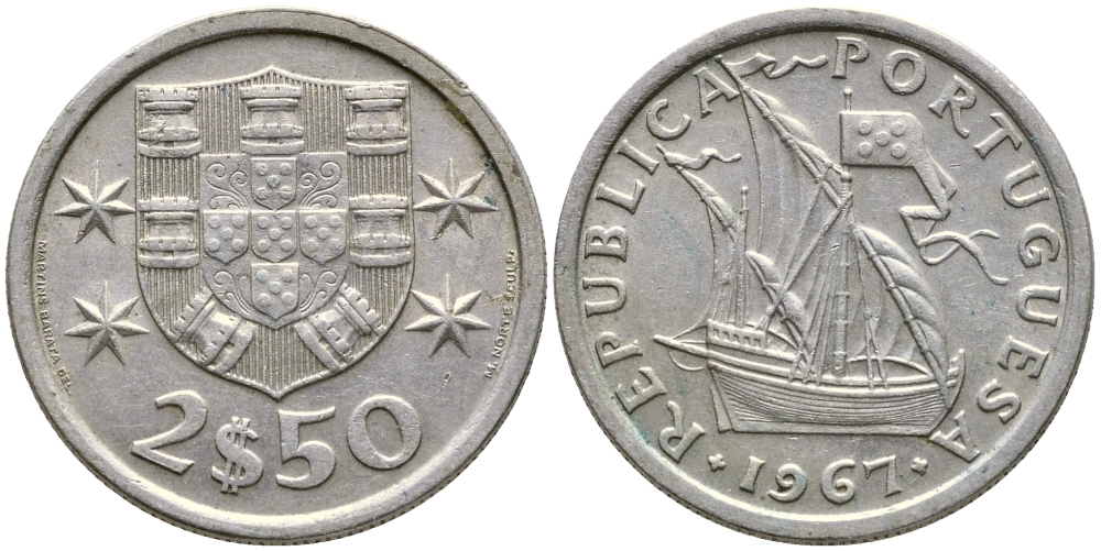ПОРТУГАЛИЯ 2,5 ЭСКУДО 1967 ПАРУСНИК KM 590 медно-никель 4387-116