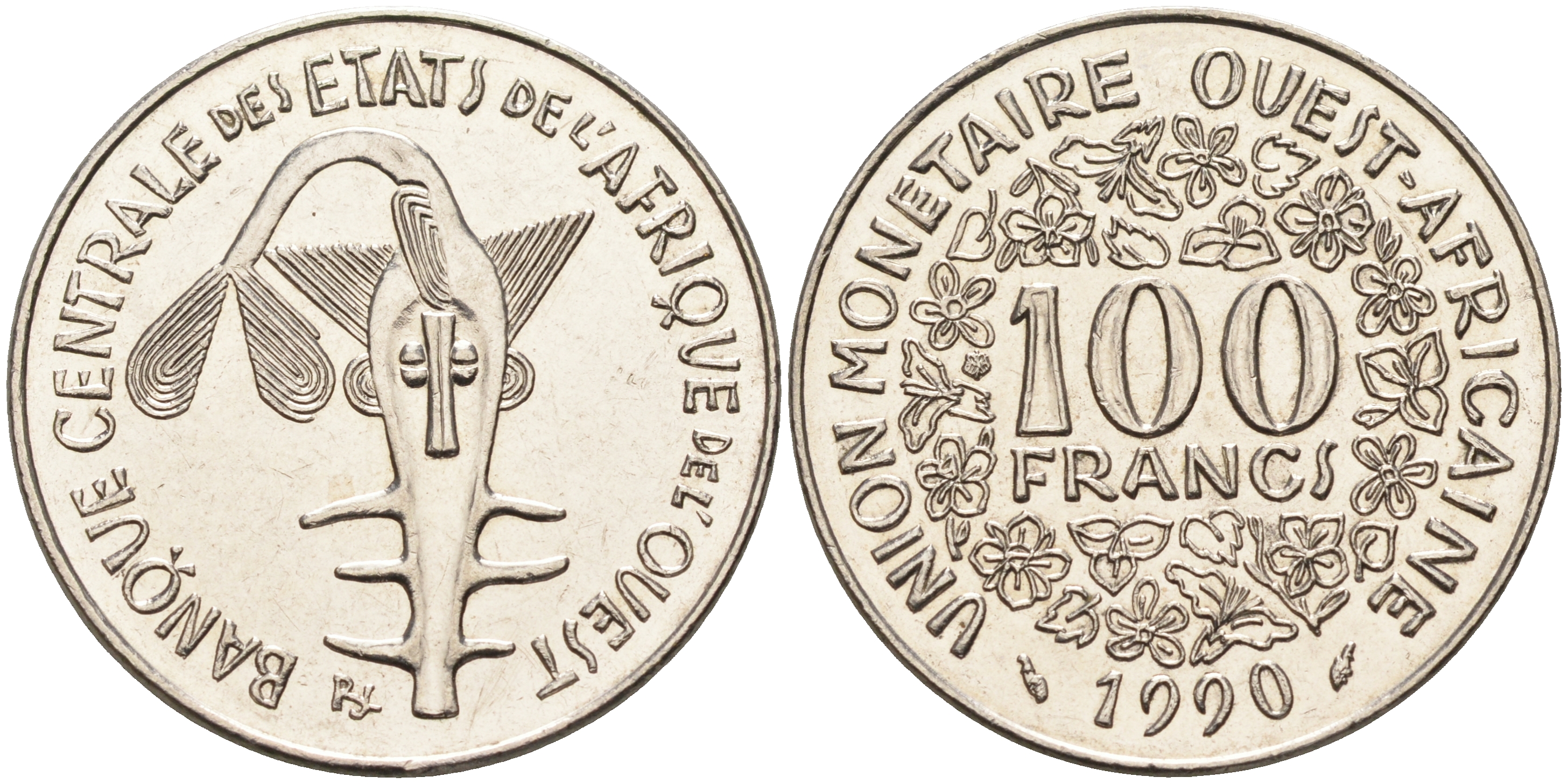 Валютное сообщество стран Западной Африки 100 франков 1990  KM 4 никель  UNC  4595-815