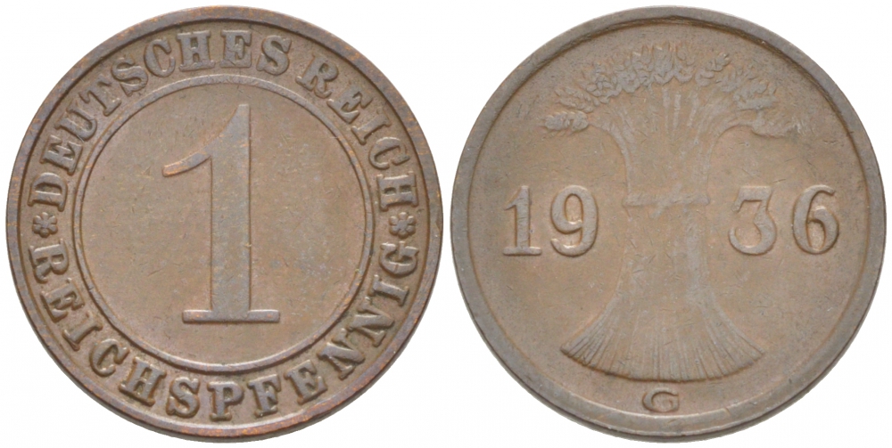 ГЕРМАНИЯ 1 РЕЙХСПФЕННИГ 1936 G KM 37, J. 313, Weege 2 бронза 3955-649