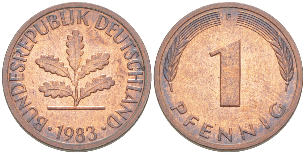 ФРГ 1 ПФЕННИГ 1983 F KM 105, J. 380 сталь плакированная медью 4181-653