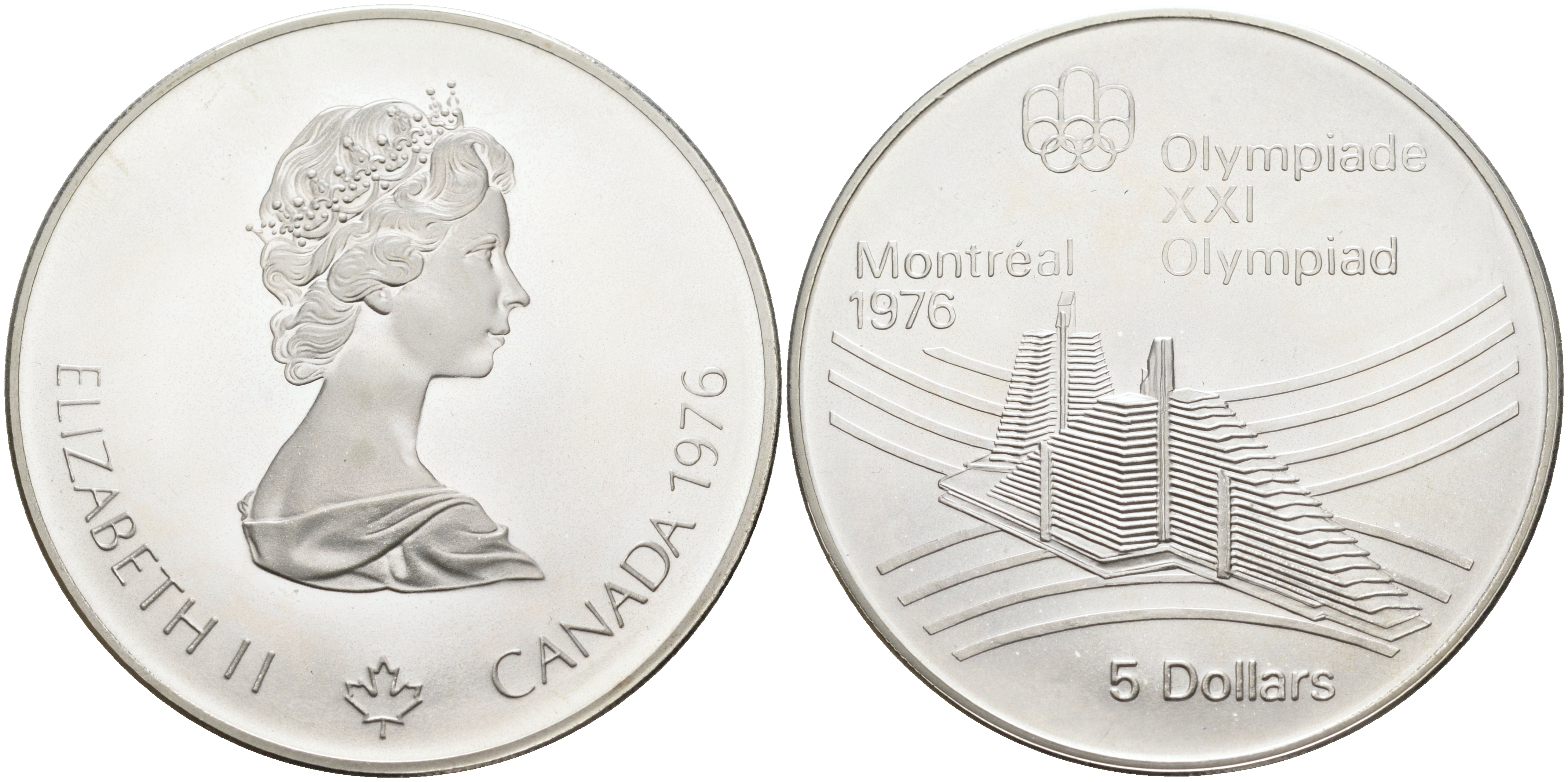 Канада 5 долларов 1976 XXI летние Олимпийские игры в Монреале 1976 года, Олимпийская деревня KM 109 серебро UNC 02-078-33