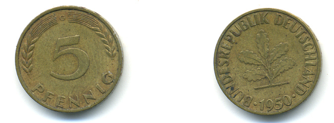 ФРГ 5 ПФЕННИГОВ 1950 G KM 107 J. 382 сталь плакированная латунью 83-127