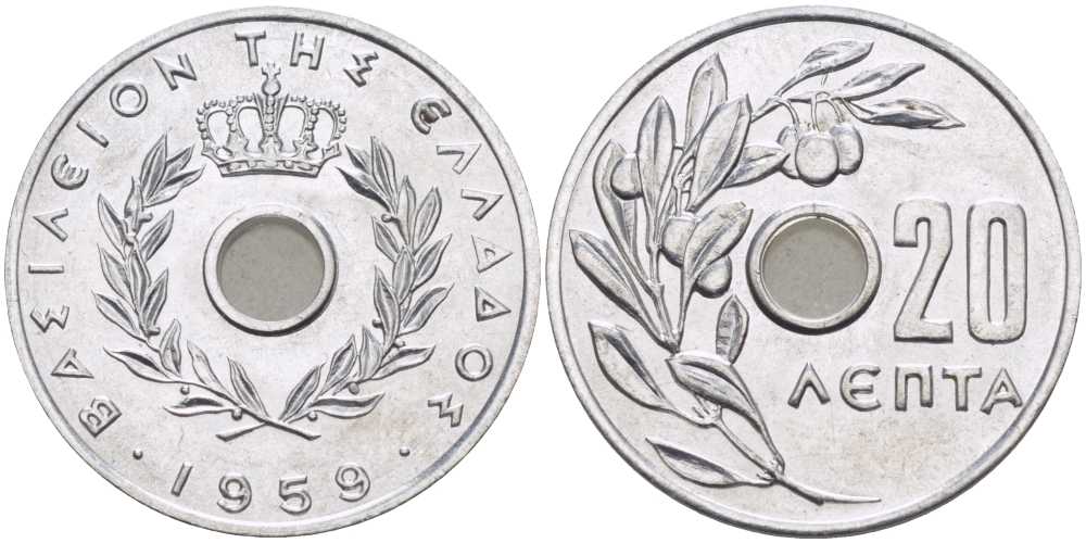Греция 20 лепта 1959 Павел I (1947-1964), оливковая ветвь KM 79 алюминий UNC 28-444
