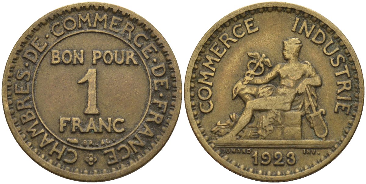 Франция 1 франк 1923 KM 876, Le Franc 218.5 алюминиевая бронза 4142-734
