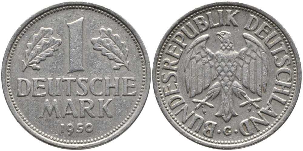 ФРГ 1 марка 1950 G, KM 110, J. 385 медно-никель 65-1214
