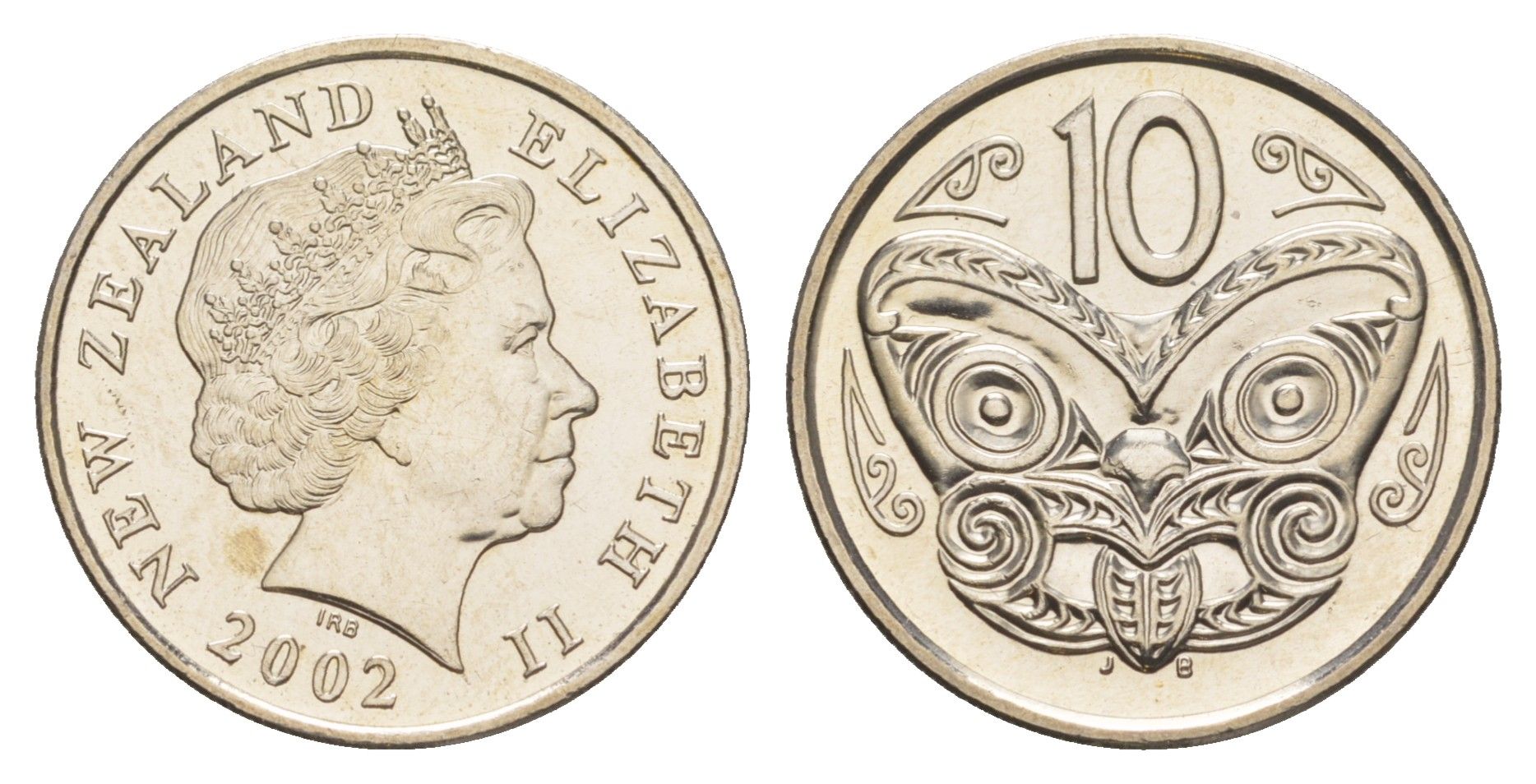 Новая Зеландия 10 центов 2002 Елизавета II (1952-2022), маска маори KM 117 медно-никель UNC 4652-657