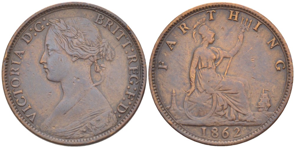Великобритания 1 фартинг 1862 Виктория (1837-1901) KM 747.2, Spink 3958 бронза 4543-836