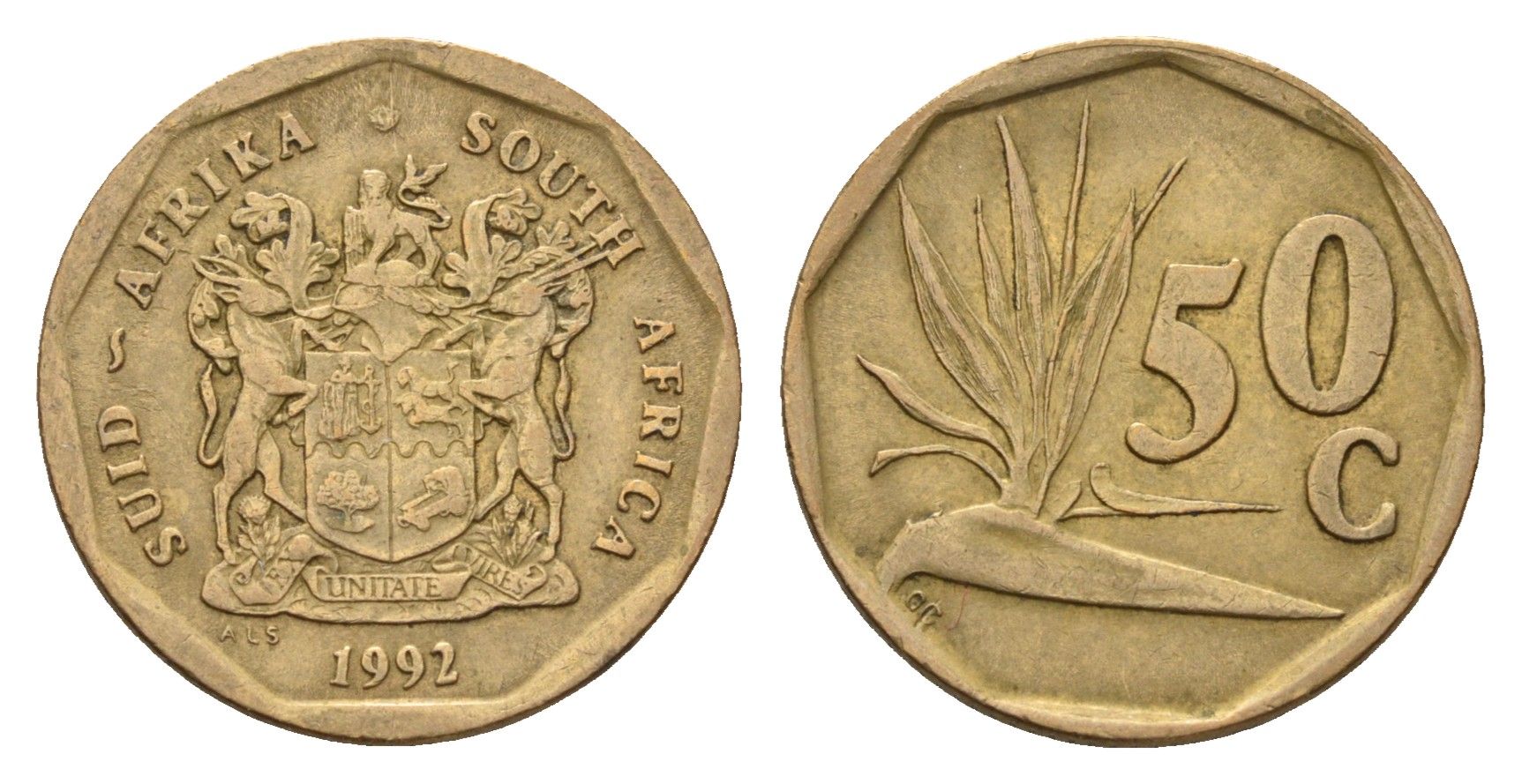ЮАР 50 центов 1992 Зантедеския Эллиота (калла), герб KM 137 сталь плакированная латунью 4114-727